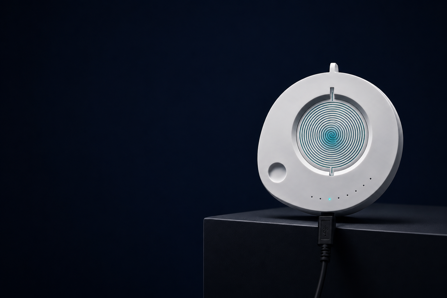 Reboot health device detail on a dark navy surface, soft directional light, clinical and minimal product photography.