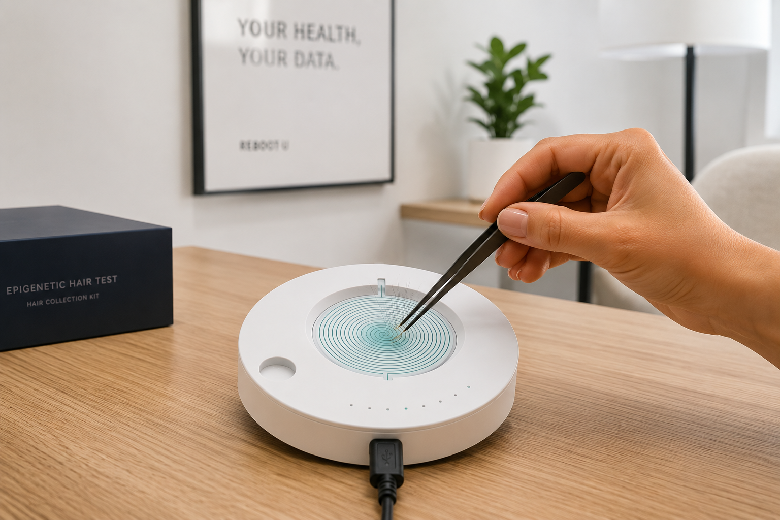 Hand placing a hair sample into a white circular epigenetic hair test device with concentric blue rings, Reboot U hair collection kit on a wooden table, bright clinical setting.