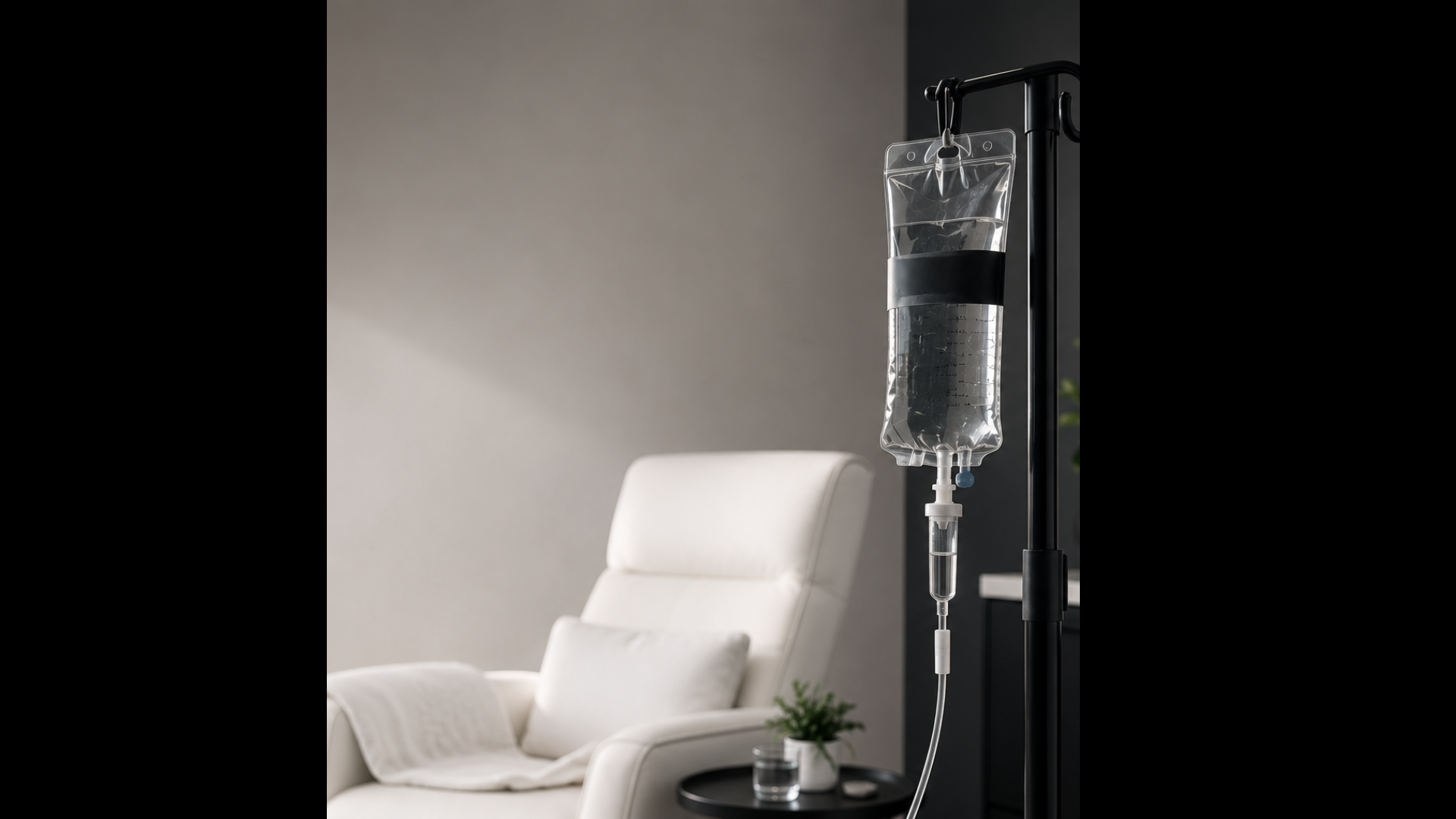 Wide editorial of the Reboot therapy room interior with a guest examining equipment, warm light, filmic neutral tones.