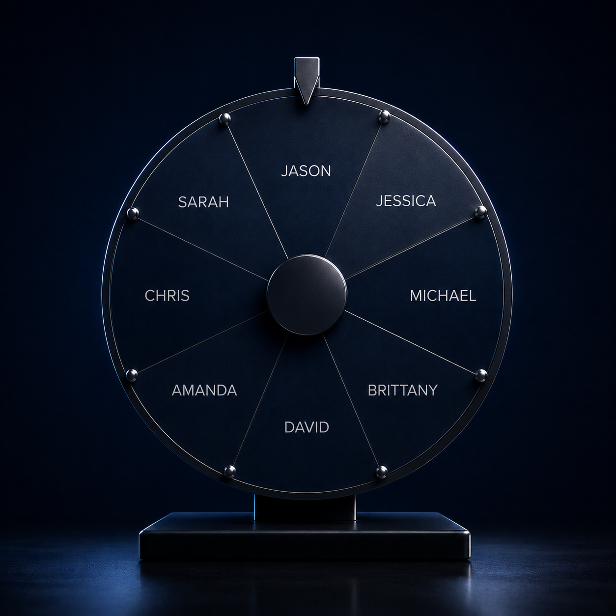 Sleek dark prize wheel with raffle names under a cool spotlight, launch night giveaway wheel.