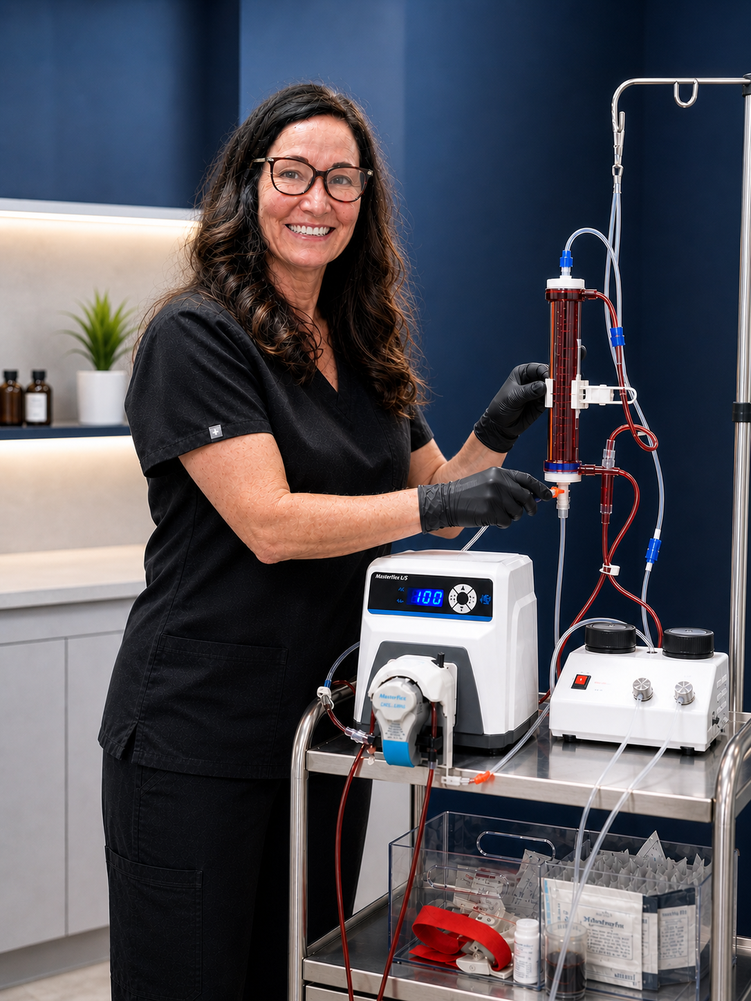 Smiling clinician in black scrubs and gloves preparing an IV therapy setup in a modern clinical space with navy walls.