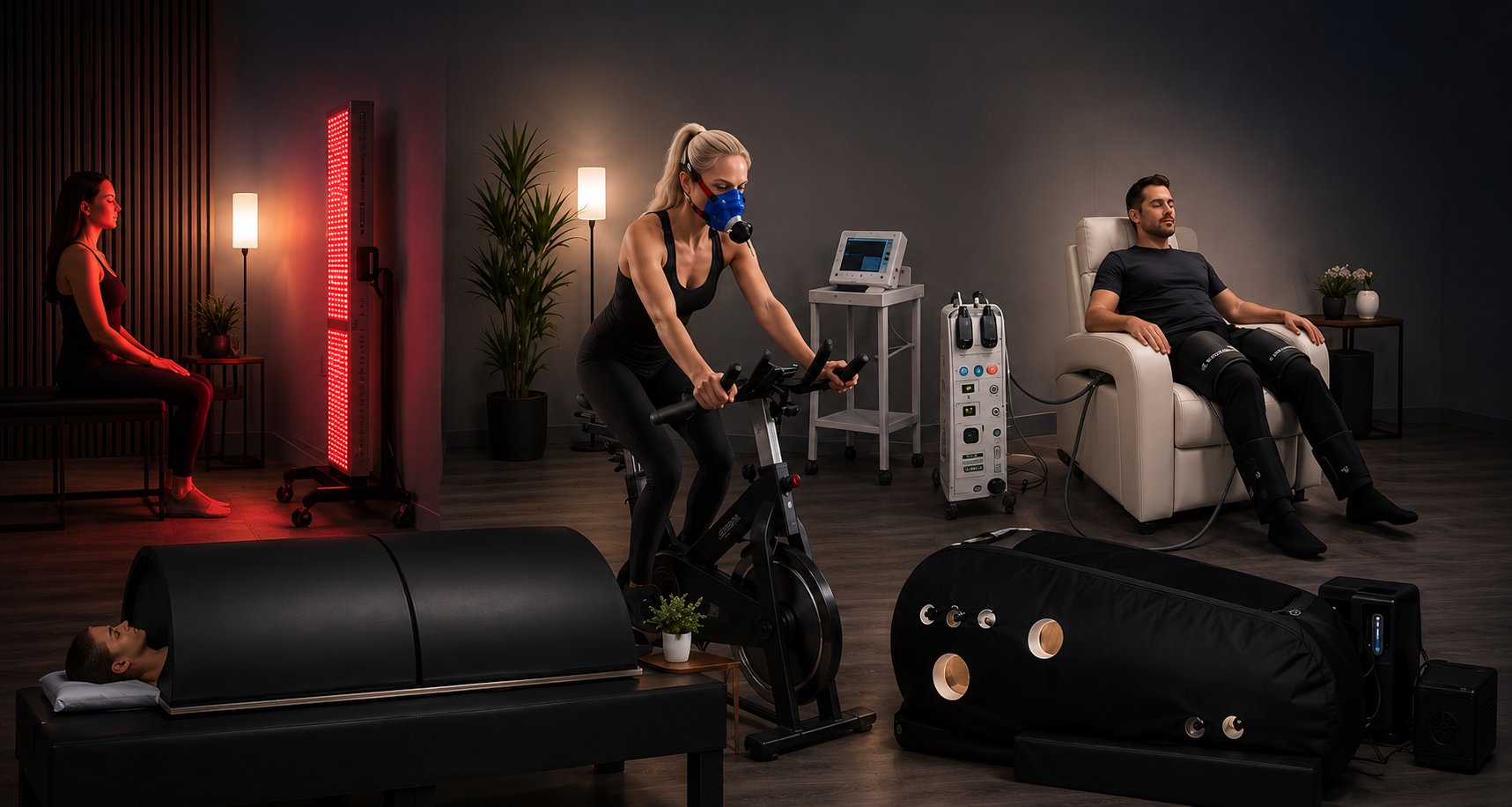 Modern recovery therapy lounge with red light tower, exercise bike with oxygen mask, hyperbaric chambers, compression boots, and PEMF equipment in warm ambient lighting.